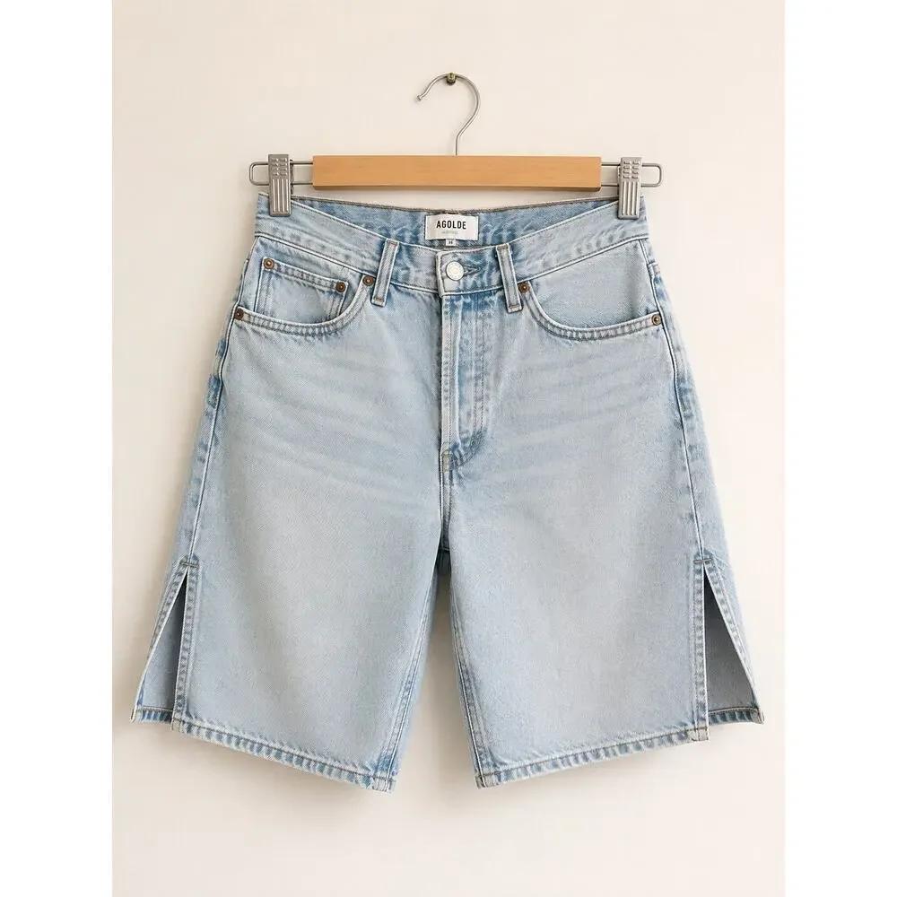 AGOLDE Vida Split Hem Long Denim Shorts Size 26 Light Wash